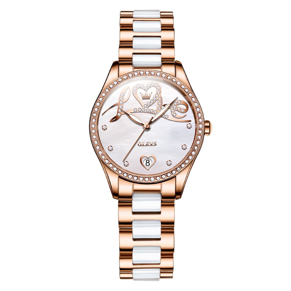 OLEVS 6686 Romantic Love Dial Ceramic Mechanical Watch for Women - Rose Gold Red Watch | Olevs Watch Store