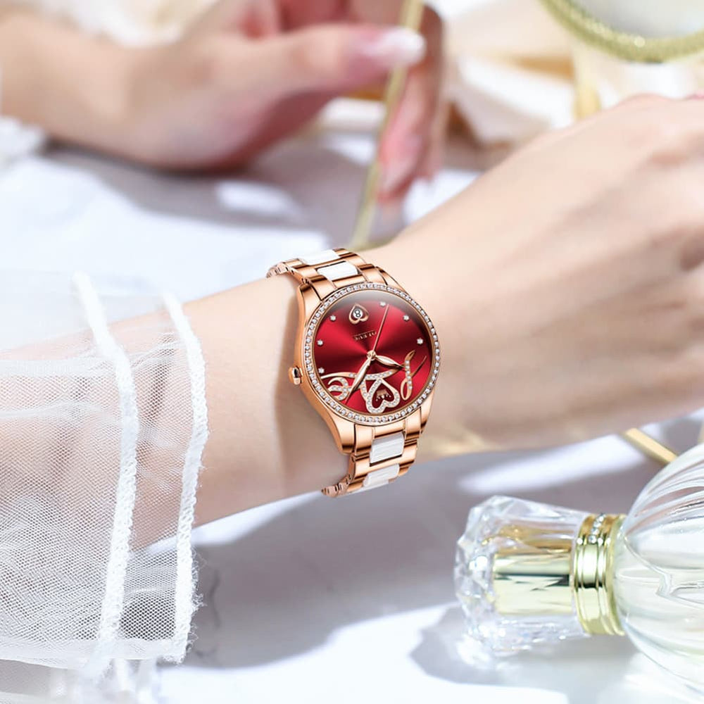 OLEVS 6686 Romantic Love Dial Ceramic Mechanical Watch for Women - Rose Gold Red Watch | Olevs Watch Store