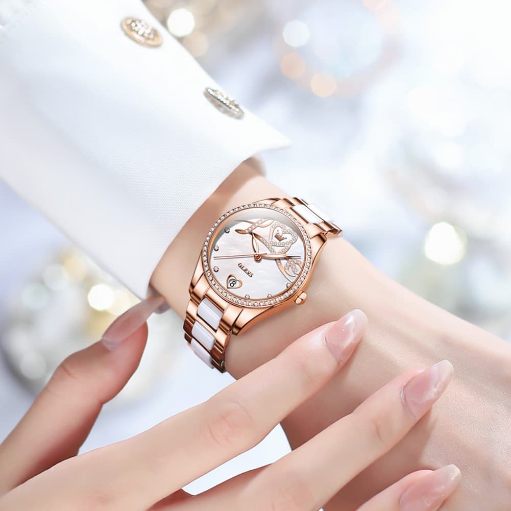 OLEVS 6686 Romantic Love Dial Ceramic Mechanical Watch for Women - Rose Gold Red Watch | Olevs Watch Store