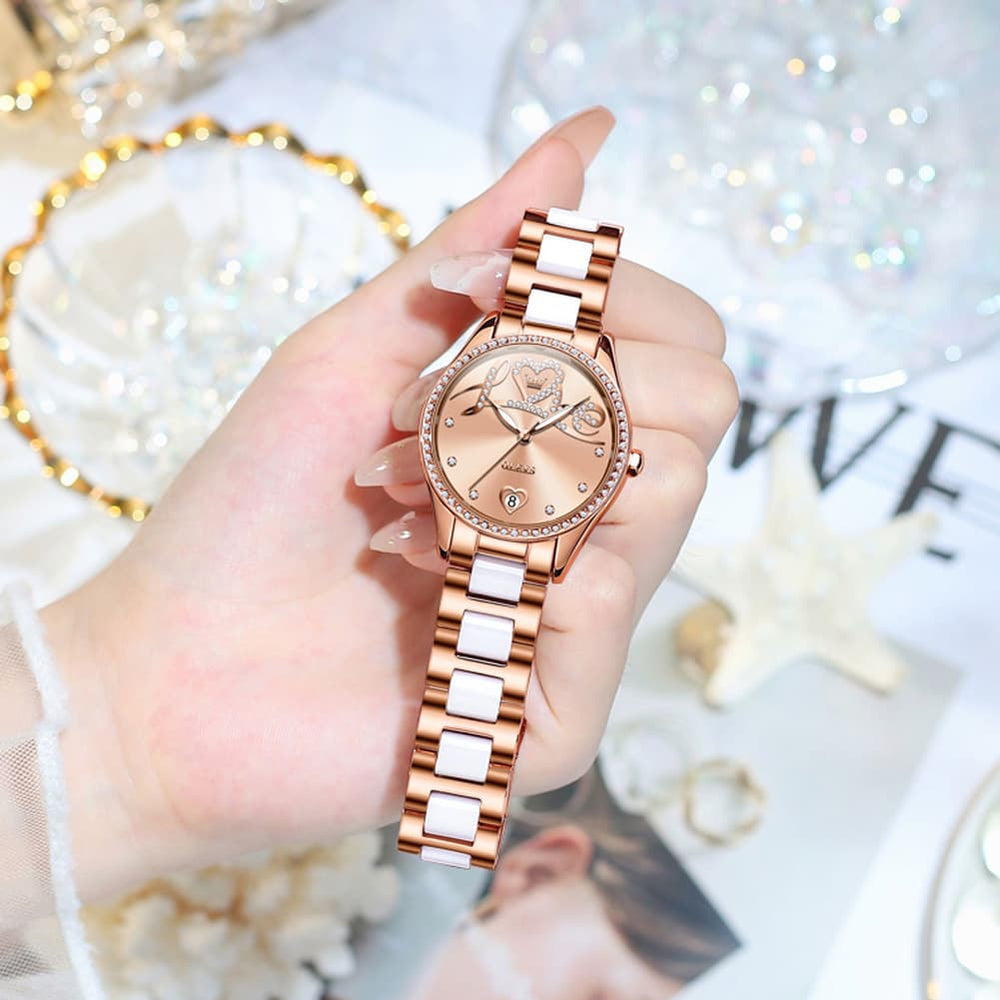 OLEVS 6686 Romantic Love Dial Ceramic Mechanical Watch for Women - Rose Gold Red Watch | Olevs Watch Store