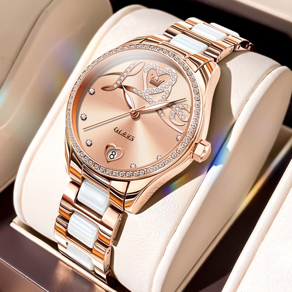 OLEVS 6686 Romantic Love Dial Ceramic Mechanical Watch for Women - Rose Gold Red Watch | Olevs Watch Store