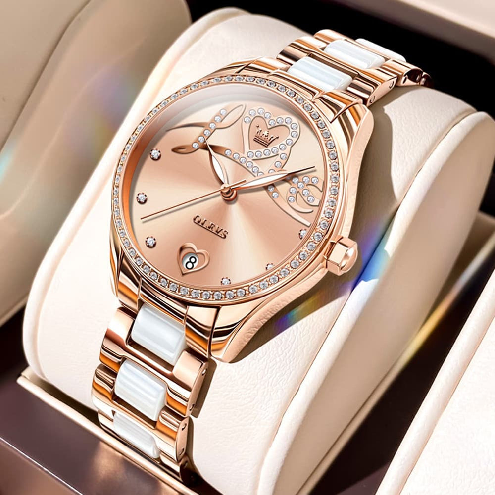 OLEVS 6686 Romantic Love Dial Ceramic Mechanical Watch for Women - Rose Gold Red Watch | Olevs Watch Store