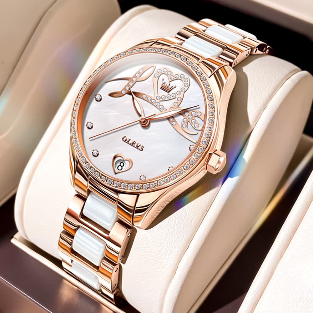 OLEVS 6686 Romantic Love Dial Ceramic Mechanical Watch for Women - Rose Gold Red Watch | Olevs Watch Store