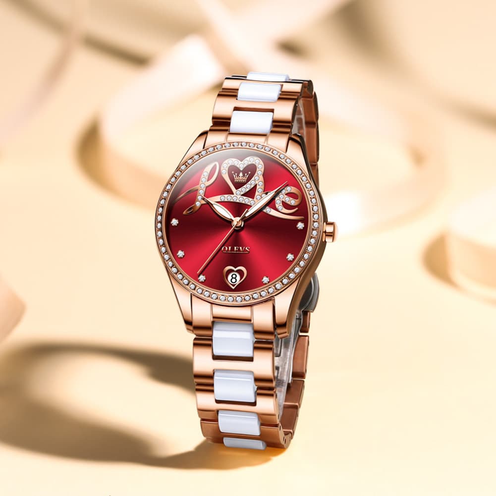 OLEVS 6686 Romantic Love Dial Ceramic Mechanical Watch for Women - Rose Gold Red Watch | Olevs Watch Store