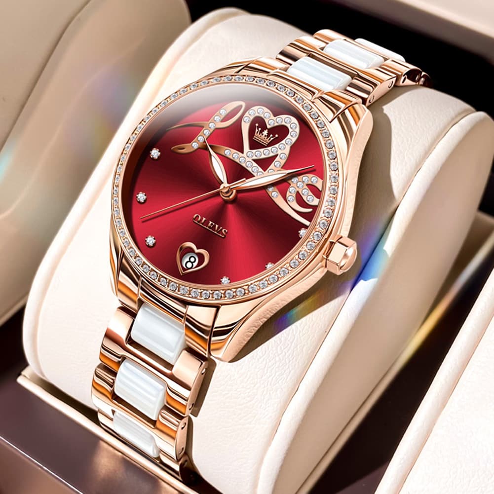 OLEVS 6686 Romantic Love Dial Ceramic Mechanical Watch for Women - Rose Gold Red Watch | Olevs Watch Store