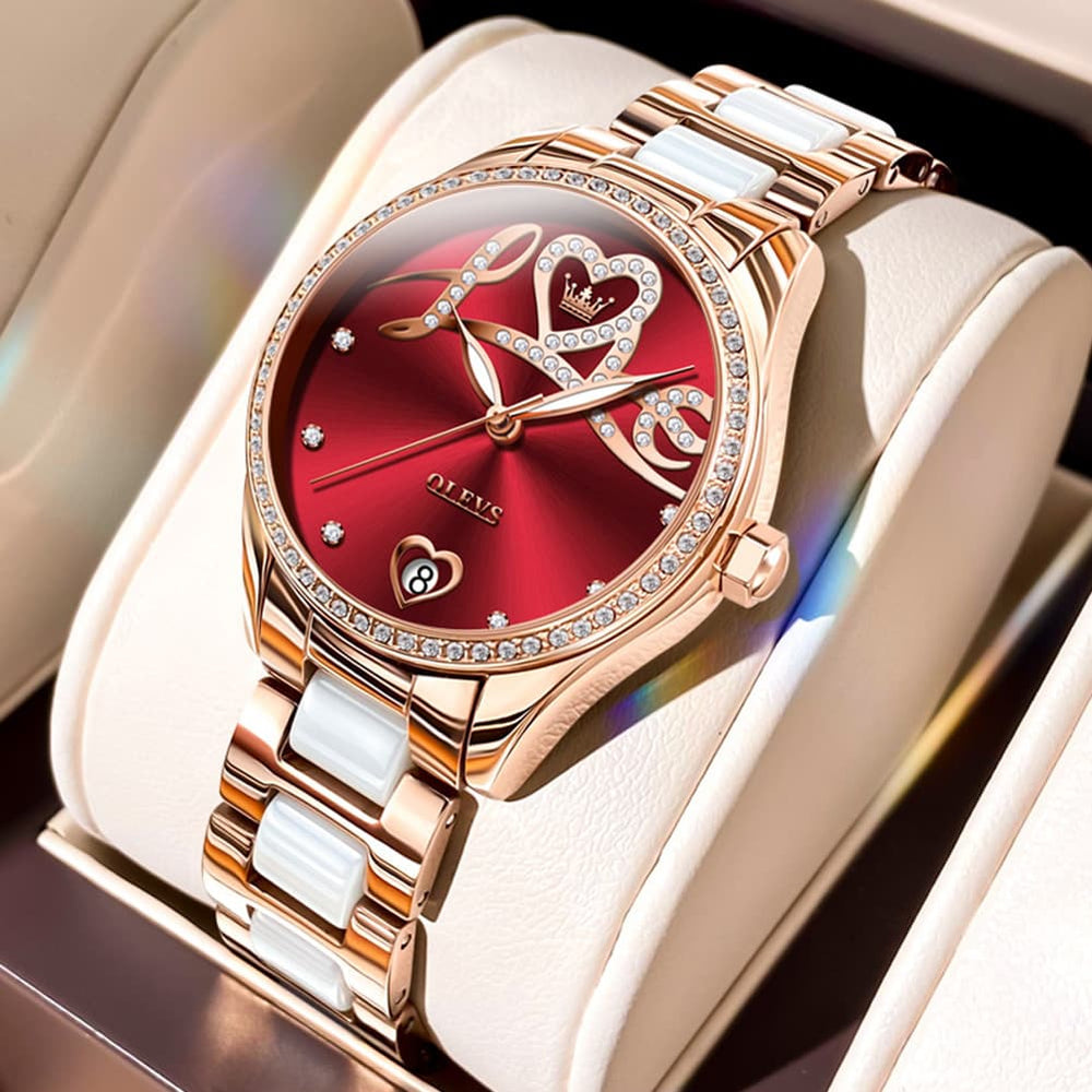 OLEVS 6686 Romantic Love Dial Ceramic Mechanical Watch for Women - Rose Gold Red Watch | Olevs Watch Store