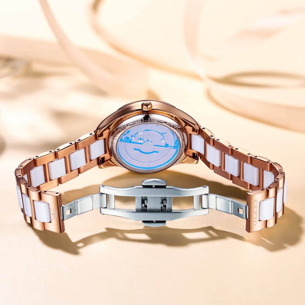 OLEVS 6686 Romantic Love Dial Ceramic Mechanical Watch for Women - Rose Gold Red Watch | Olevs Watch Store