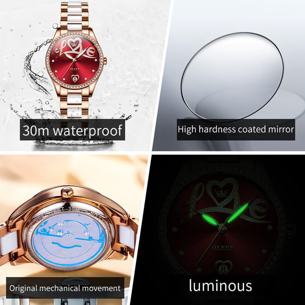 OLEVS 6686 Romantic Love Dial Ceramic Mechanical Watch for Women - Rose Gold Red Watch | Olevs Watch Store