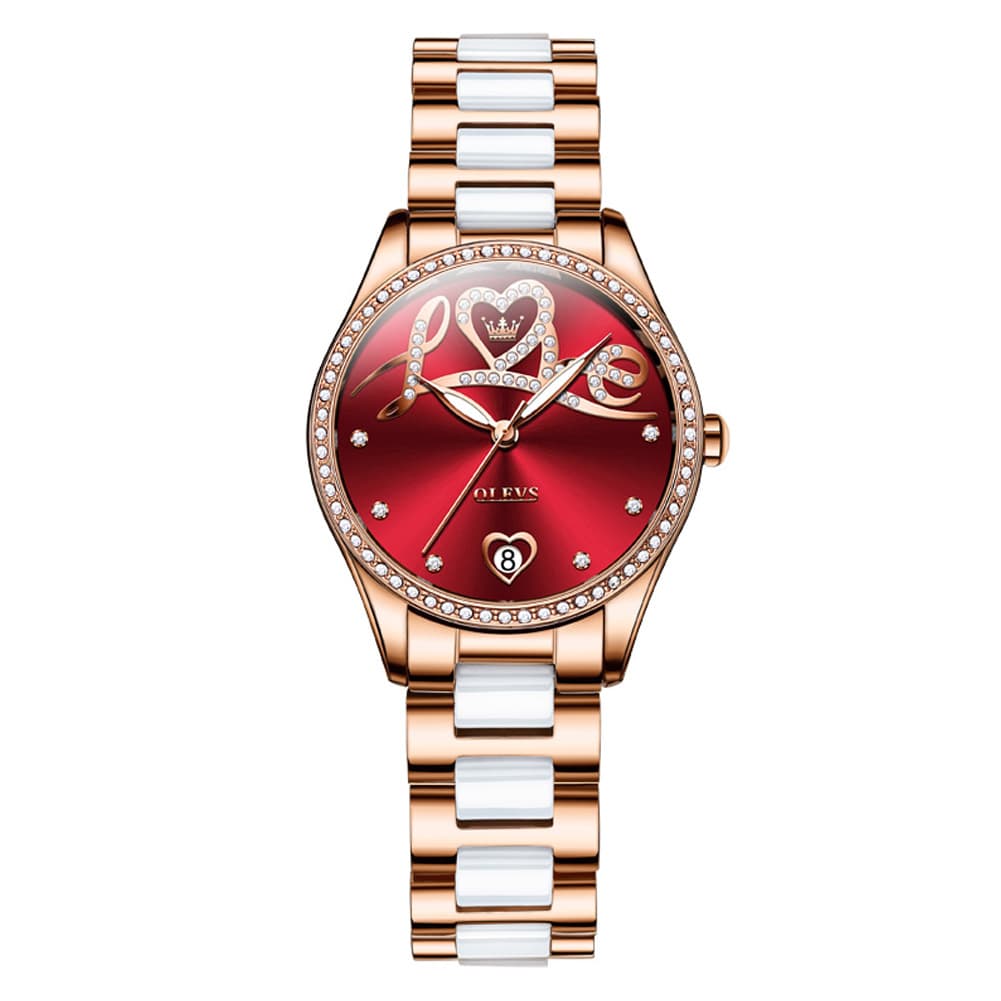 OLEVS 6686 Romantic Love Dial Ceramic Mechanical Watch for Women - Rose Gold Red Watch | Olevs Watch Store
