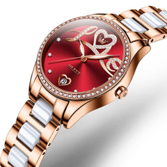 OLEVS 6686 Romantic Love Dial Ceramic Mechanical Watch for Women - Rose Gold Red Watch | Olevs Watch Store