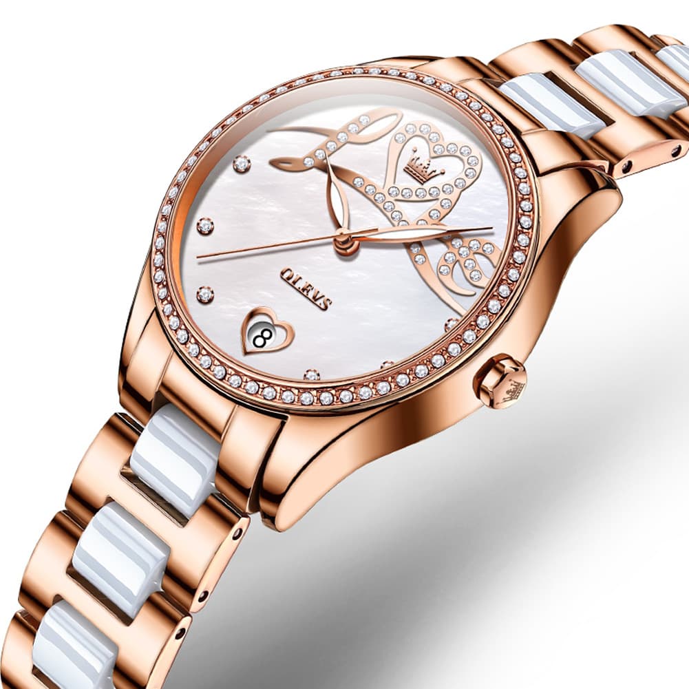 OLEVS 6686 Romantic Love Dial Ceramic Mechanical Watch for Women - Rose Gold White Watch | Olevs Watch Store