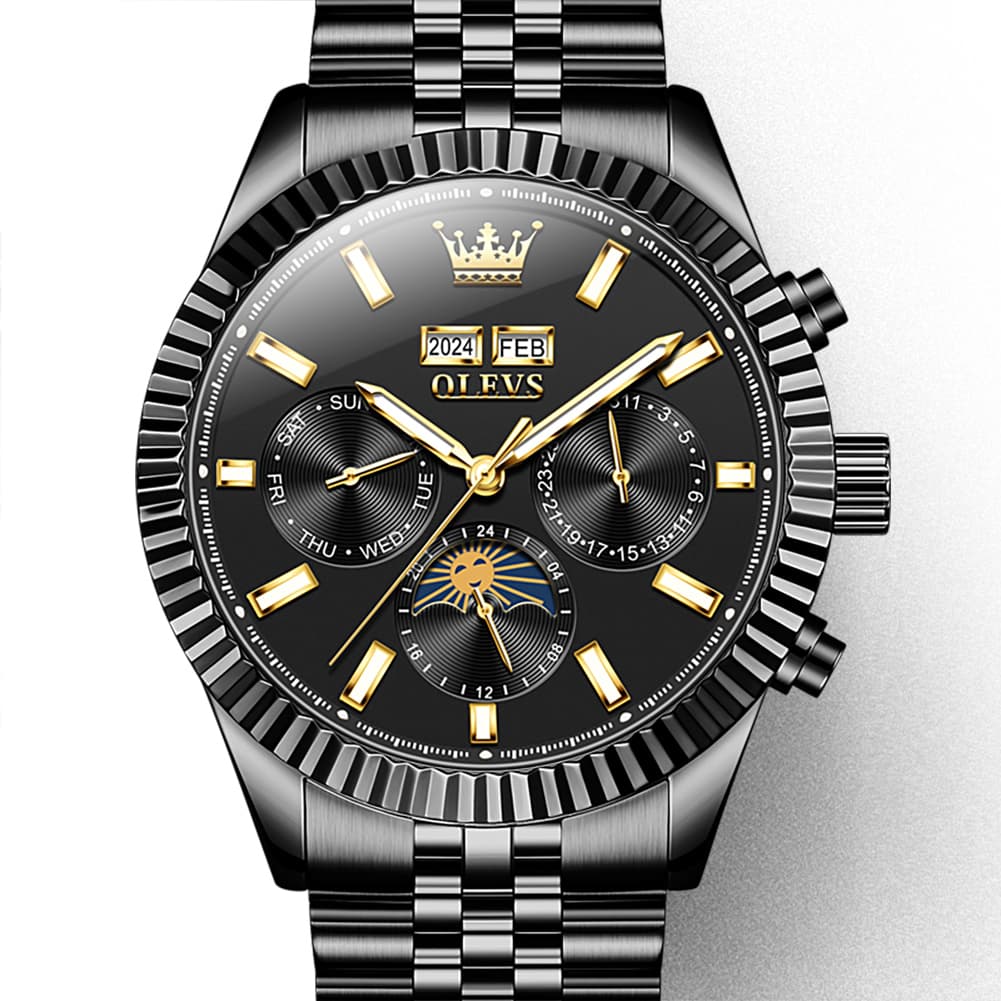OLEVS 6688 Automatic Moon Phase Stainless Steel Watch for Men - All Black Watch | Olevs Watch Store