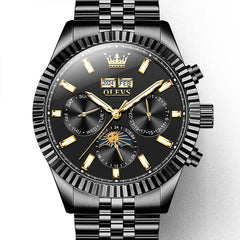 OLEVS 6688 Automatic Moon Phase Stainless Steel Watch for Men - All Black Watch | Olevs Watch Store