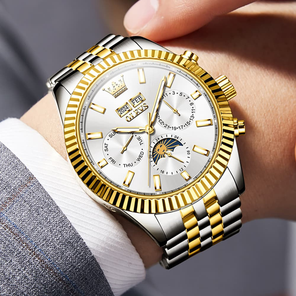 OLEVS 6688 Automatic Moon Phase Stainless Steel Watch for Men - Gold Black Watch | Olevs Watch Store