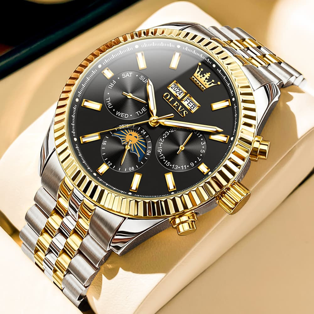 OLEVS 6688 Automatic Moon Phase Stainless Steel Watch for Men - Gold Black Watch | Olevs Watch Store