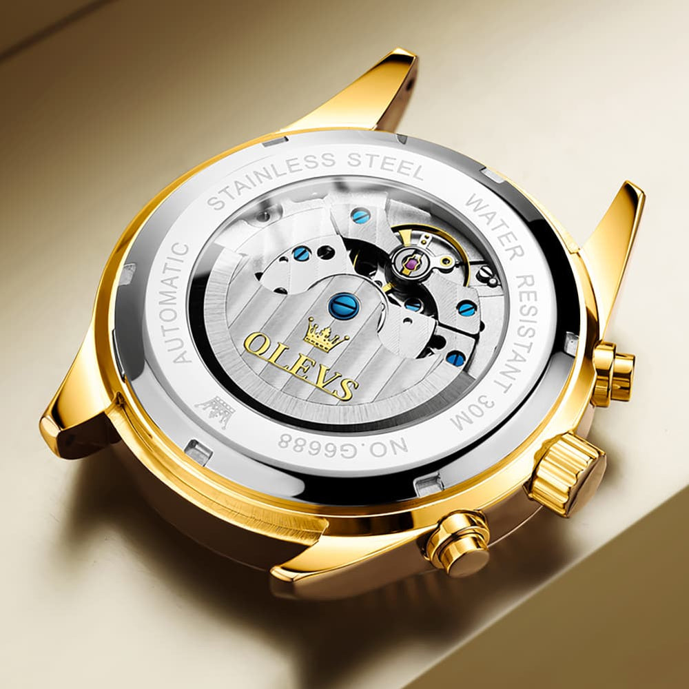 OLEVS 6688 Automatic Moon Phase Stainless Steel Watch for Men - Gold Black Watch | Olevs Watch Store