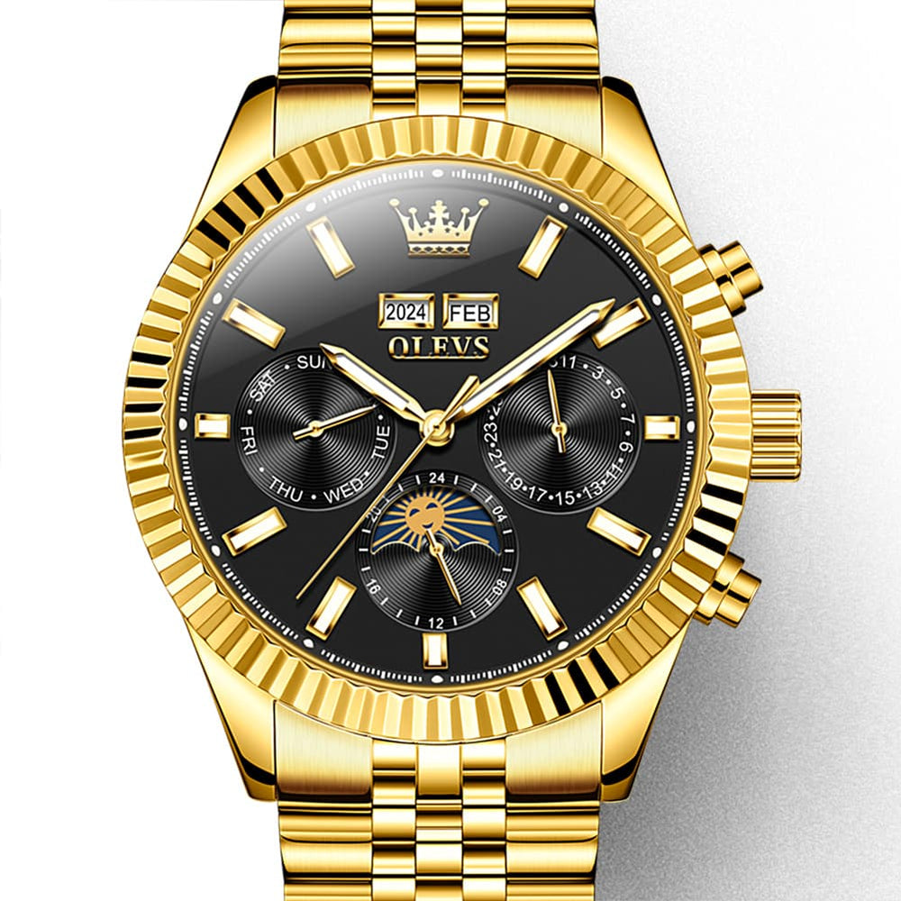 OLEVS 6688 Automatic Moon Phase Stainless Steel Watch for Men - Gold Black Watch | Olevs Watch Store