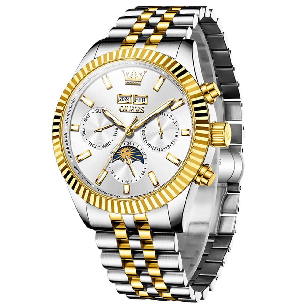OLEVS 6688 Automatic Moon Phase Stainless Steel Watch for Men - Gold Black Watch | Olevs Watch Store