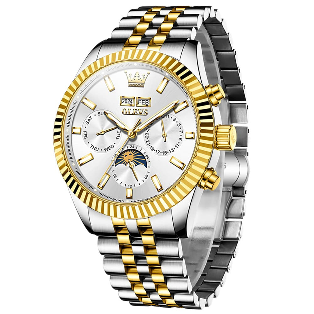 OLEVS 6688 Automatic Moon Phase Stainless Steel Watch for Men - Gold Black Watch | Olevs Watch Store