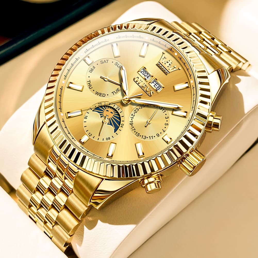 OLEVS 6688 Automatic Moon Phase Stainless Steel Watch for Men - Gold Black Watch | Olevs Watch Store