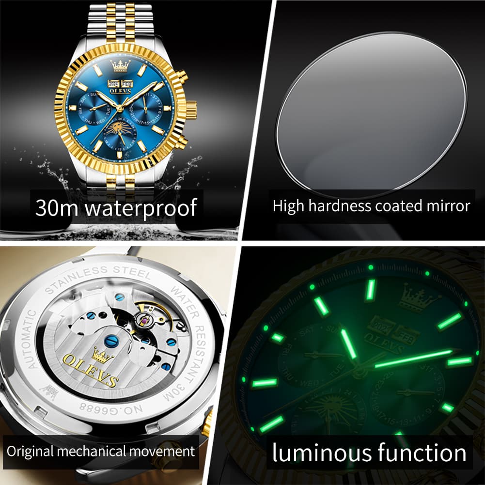 OLEVS 6688 Automatic Moon Phase Stainless Steel Watch for Men - Gold Black Watch | Olevs Watch Store