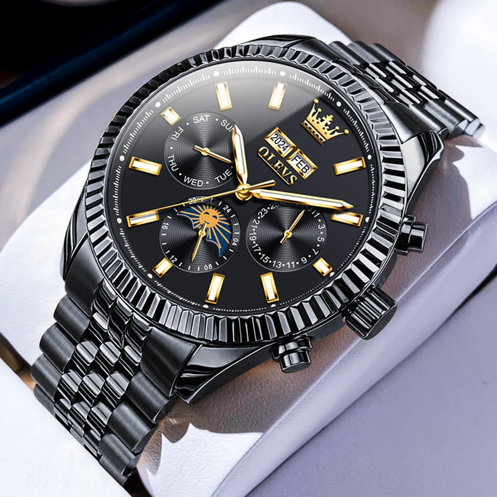 OLEVS 6688 Automatic Moon Phase Stainless Steel Watch for Men - Gold Black Watch | Olevs Watch Store