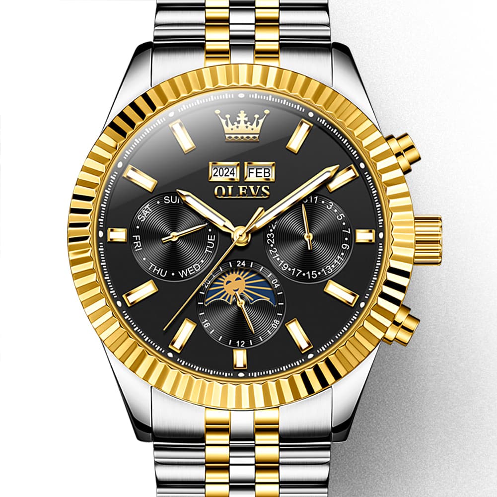 OLEVS 6688 Automatic Moon Phase Stainless Steel Watch for Men - Two Tone Black Watch | Olevs Watch Store