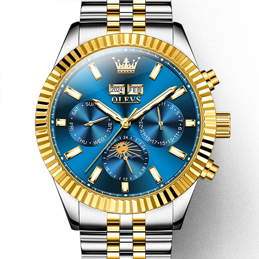 OLEVS 6688 Automatic Moon Phase Stainless Steel Watch for Men - Two Tone Blue Watch | Olevs Watch Store