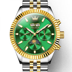 OLEVS 6688 Automatic Moon Phase Stainless Steel Watch for Men - Two Tone Green Watch | Olevs Watch Store