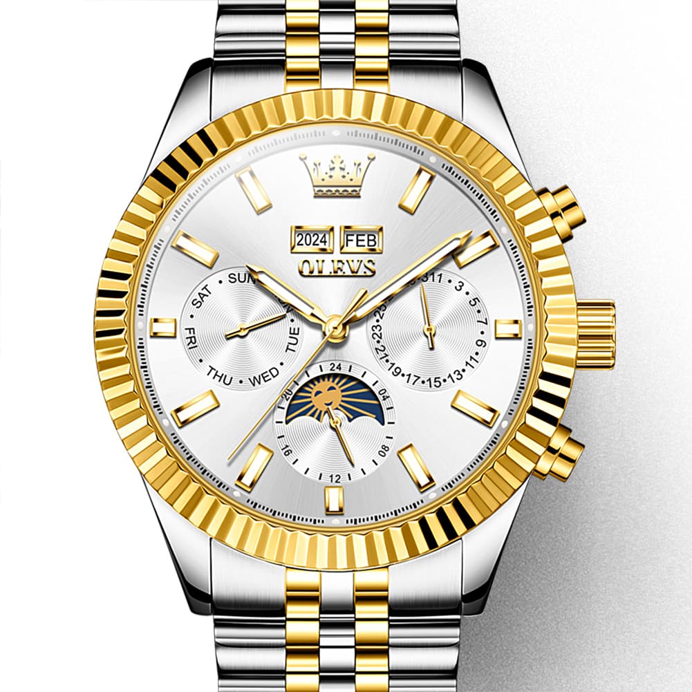 OLEVS 6688 Automatic Moon Phase Stainless Steel Watch for Men - Two Tone White Watch | Olevs Watch Store