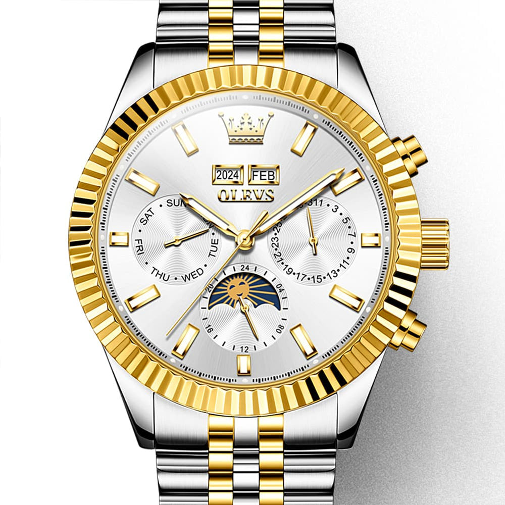 OLEVS 6688 Automatic Moon Phase Stainless Steel Watch for Men - Two Tone White Watch | Olevs Watch Store