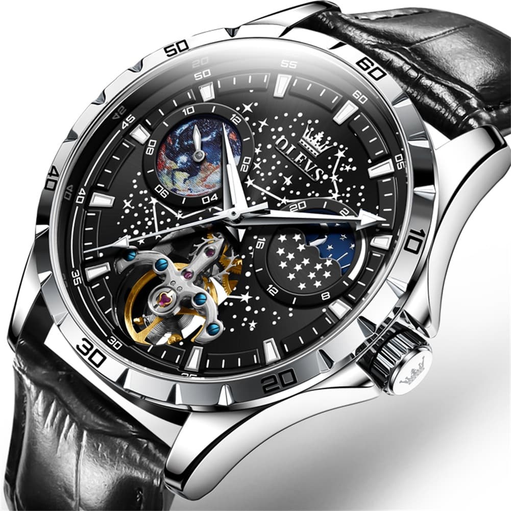 OLEVS 6689 Automatic Skeleton Starry Sky Leather Steel Watch for Men - Black Leather Black Watch | Olevs Watch Store