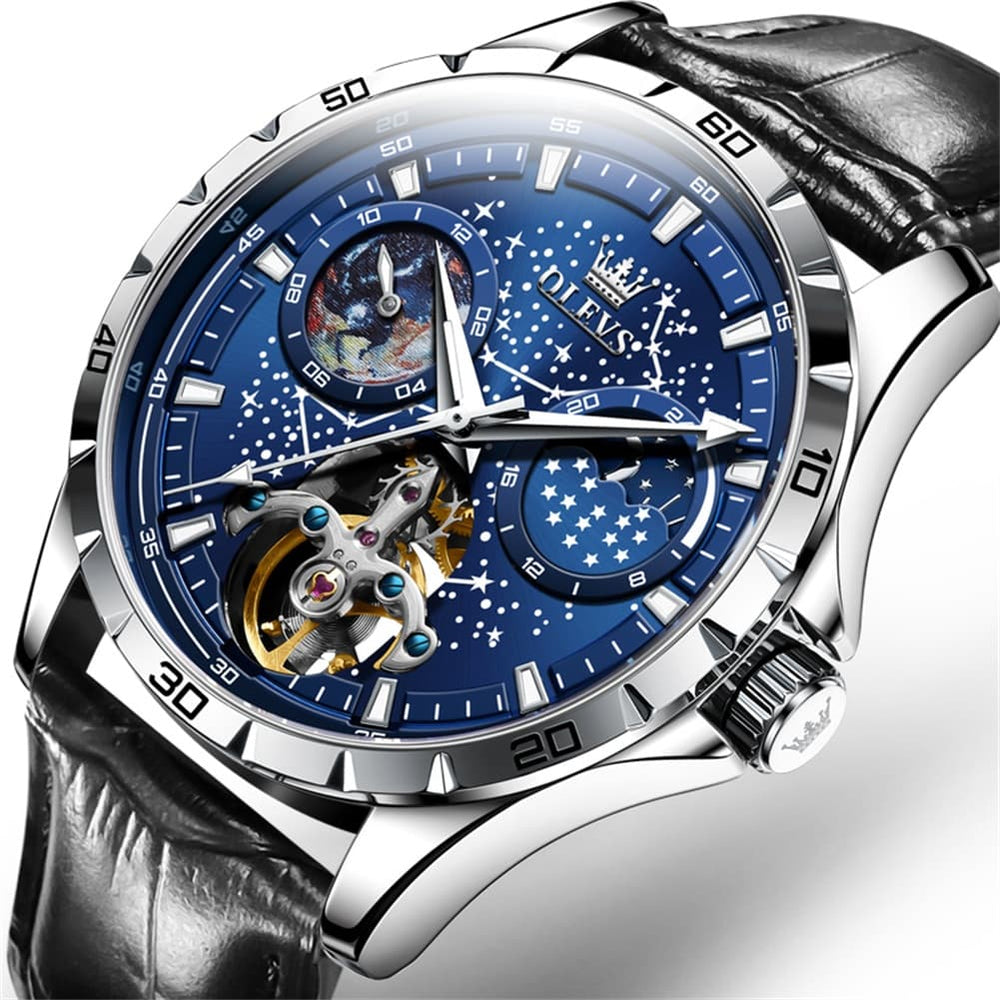 OLEVS 6689 Automatic Skeleton Starry Sky Leather Steel Watch for Men - Black Leather Blue Watch | Olevs Watch Store