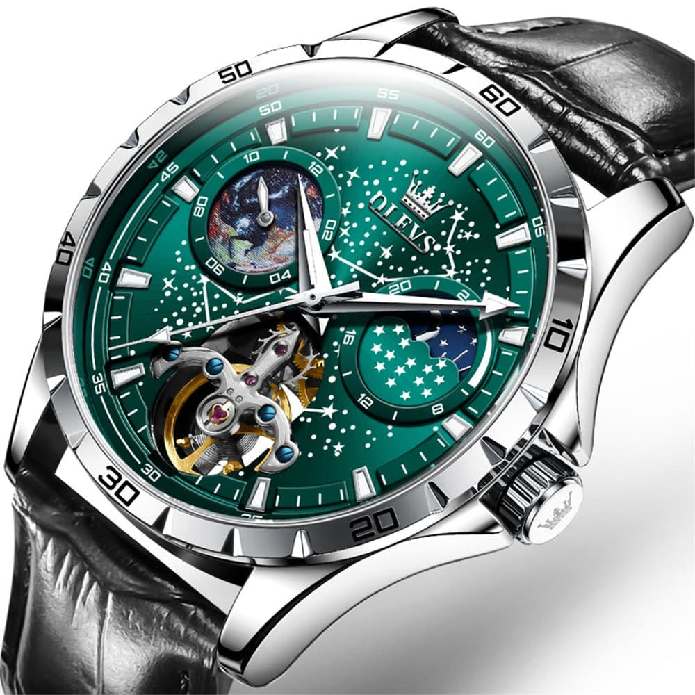 OLEVS 6689 Automatic Skeleton Starry Sky Leather Steel Watch for Men - Black Leather Green Watch | Olevs Watch Store