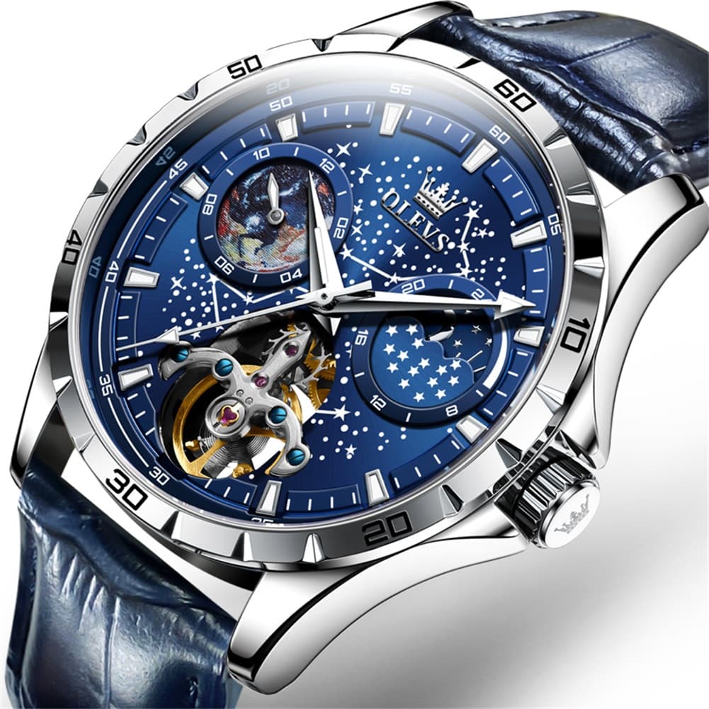 OLEVS 6689 Automatic Skeleton Starry Sky Leather Steel Watch for Men - Blue Leather Blue Watch | Olevs Watch Store