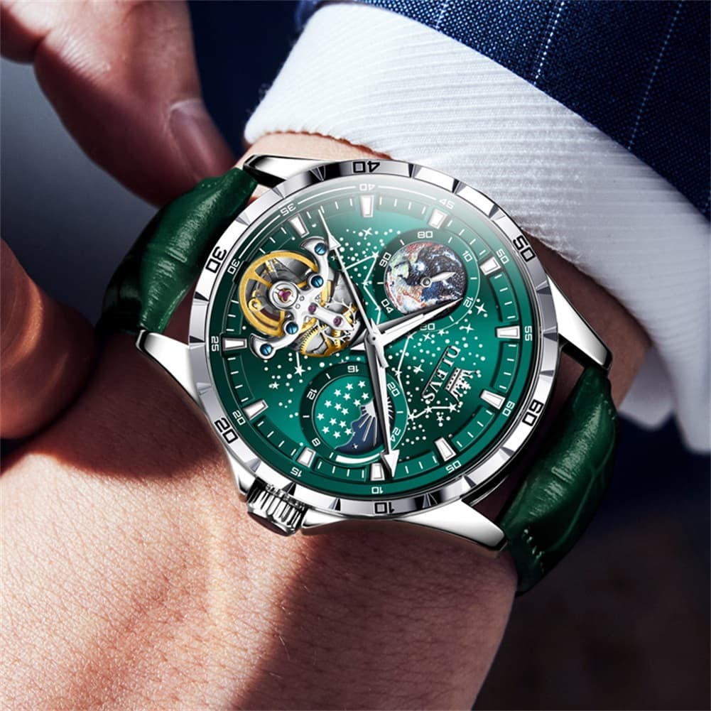 OLEVS 6689 Automatic Skeleton Starry Sky Leather Steel Watch for Men - Green Leather Green Watch | Olevs Watch Store