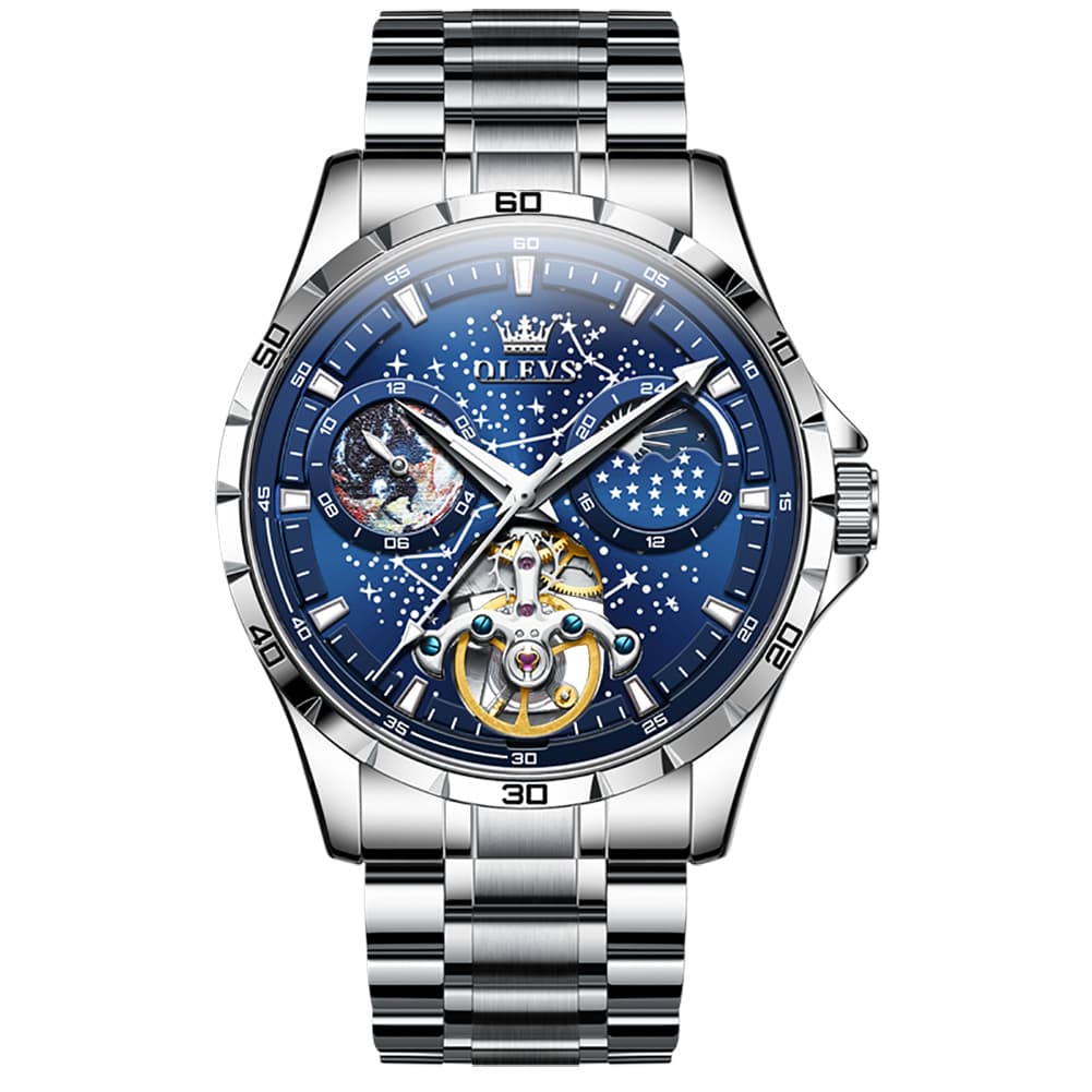 OLEVS 6689 Automatic Skeleton Starry Sky Leather Steel Watch for Men - Green Leather Green Watch | Olevs Watch Store