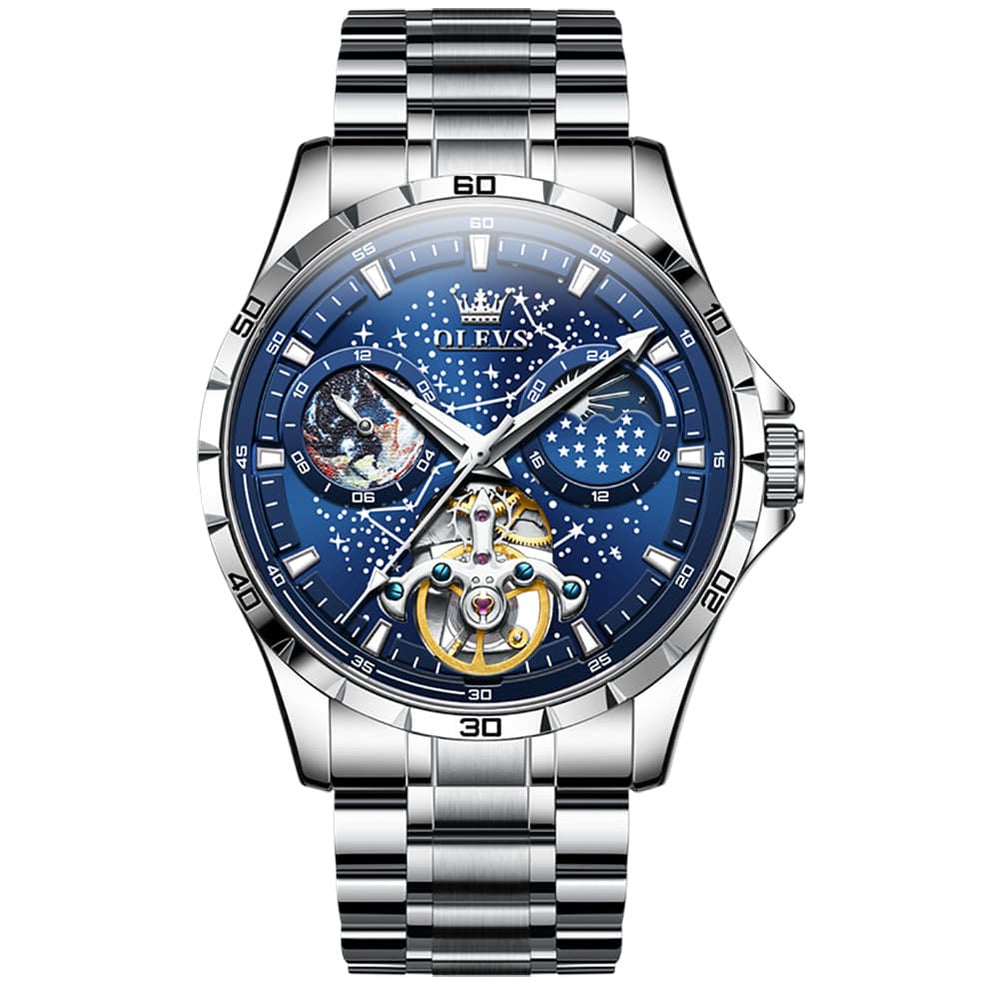 OLEVS 6689 Automatic Skeleton Starry Sky Leather Steel Watch for Men - Green Leather Green Watch | Olevs Watch Store