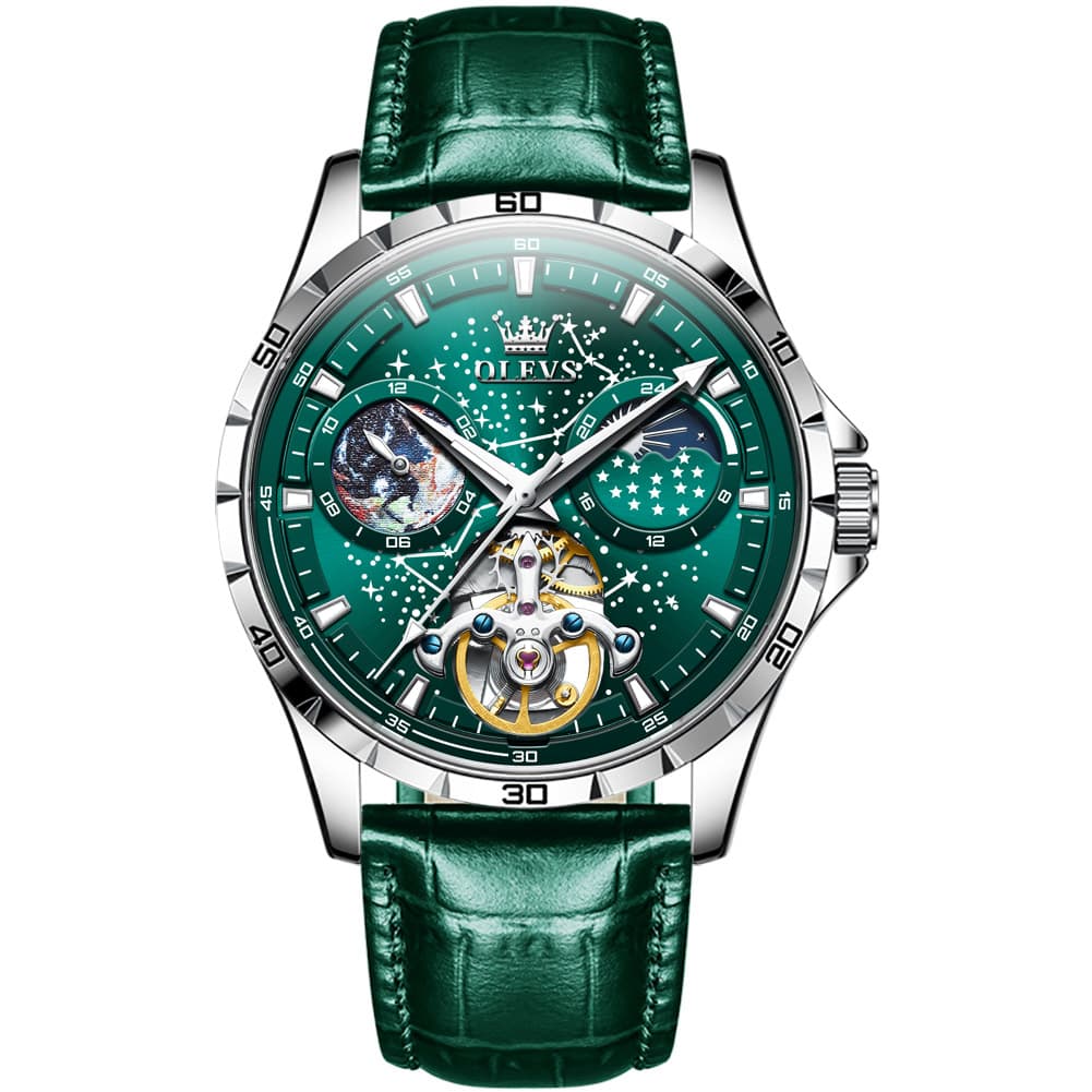 OLEVS 6689 Automatic Skeleton Starry Sky Leather Steel Watch for Men - Green Leather Green Watch | Olevs Watch Store