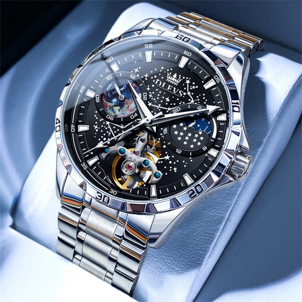 OLEVS 6689 Automatic Skeleton Starry Sky Leather Steel Watch for Men - Green Leather Green Watch | Olevs Watch Store