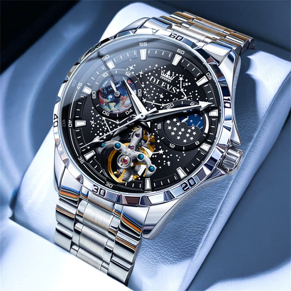 OLEVS 6689 Automatic Skeleton Starry Sky Leather Steel Watch for Men - Green Leather Green Watch | Olevs Watch Store