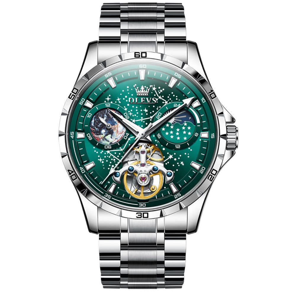 OLEVS 6689 Automatic Skeleton Starry Sky Leather Steel Watch for Men - Green Leather Green Watch | Olevs Watch Store