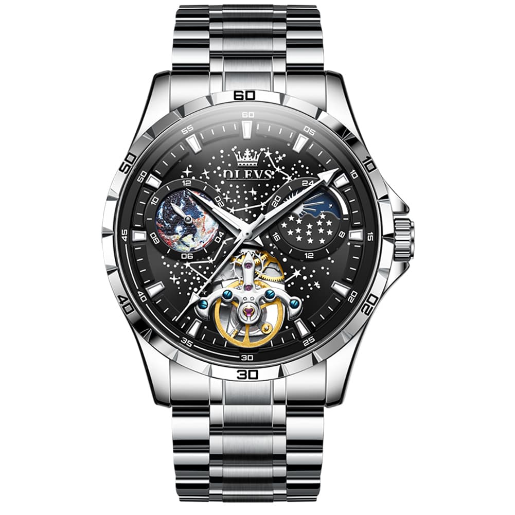 OLEVS 6689 Automatic Skeleton Starry Sky Leather Steel Watch for Men - Green Leather Green Watch | Olevs Watch Store