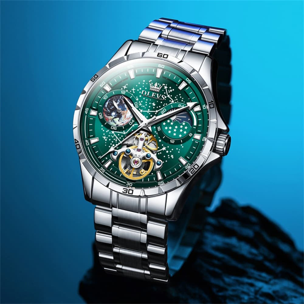 OLEVS 6689 Automatic Skeleton Starry Sky Leather Steel Watch for Men - Green Leather Green Watch | Olevs Watch Store