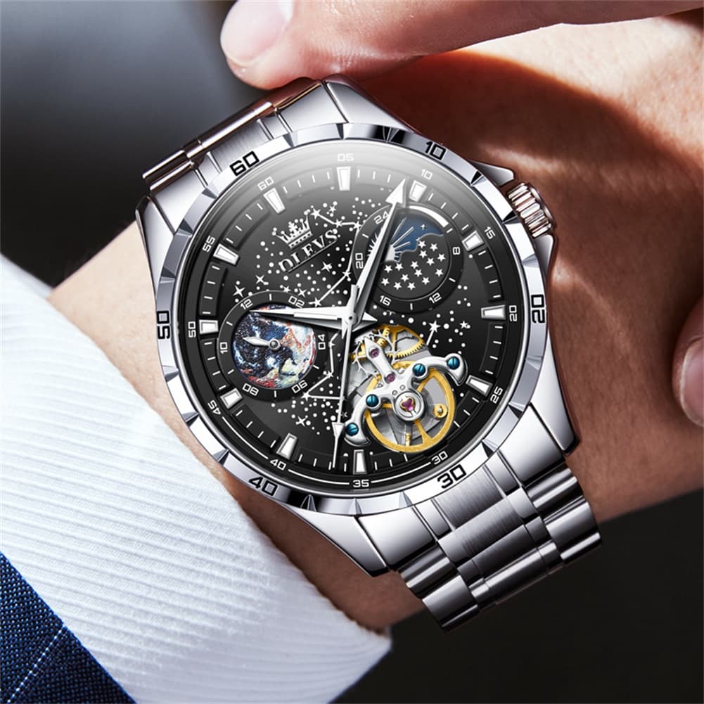 OLEVS 6689 Automatic Skeleton Starry Sky Leather Steel Watch for Men - Green Leather Green Watch | Olevs Watch Store