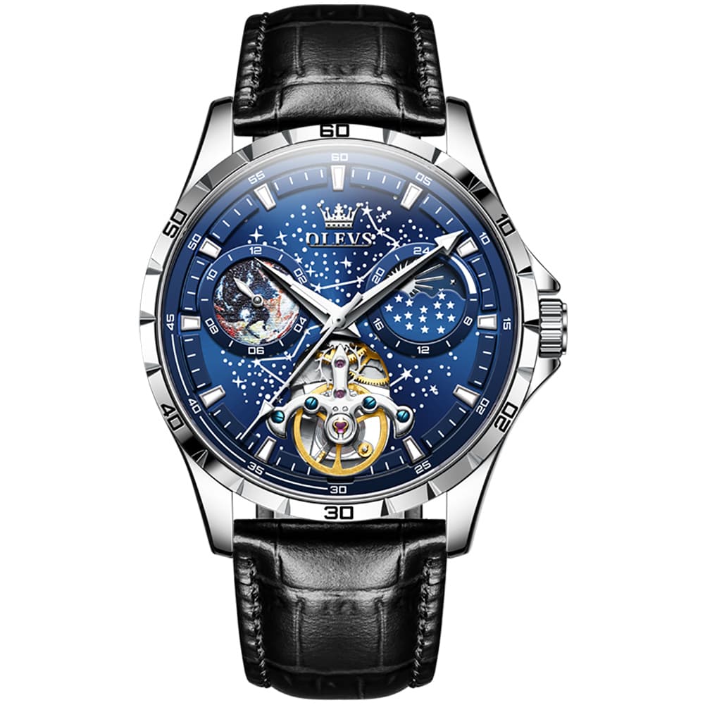 OLEVS 6689 Automatic Skeleton Starry Sky Leather Steel Watch for Men - Green Leather Green Watch | Olevs Watch Store