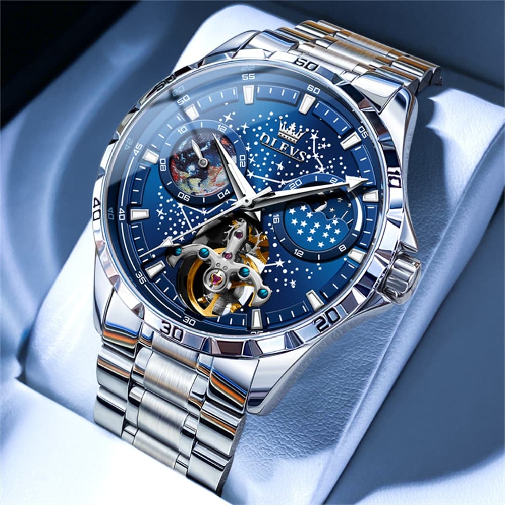 OLEVS 6689 Automatic Skeleton Starry Sky Leather Steel Watch for Men - Green Leather Green Watch | Olevs Watch Store