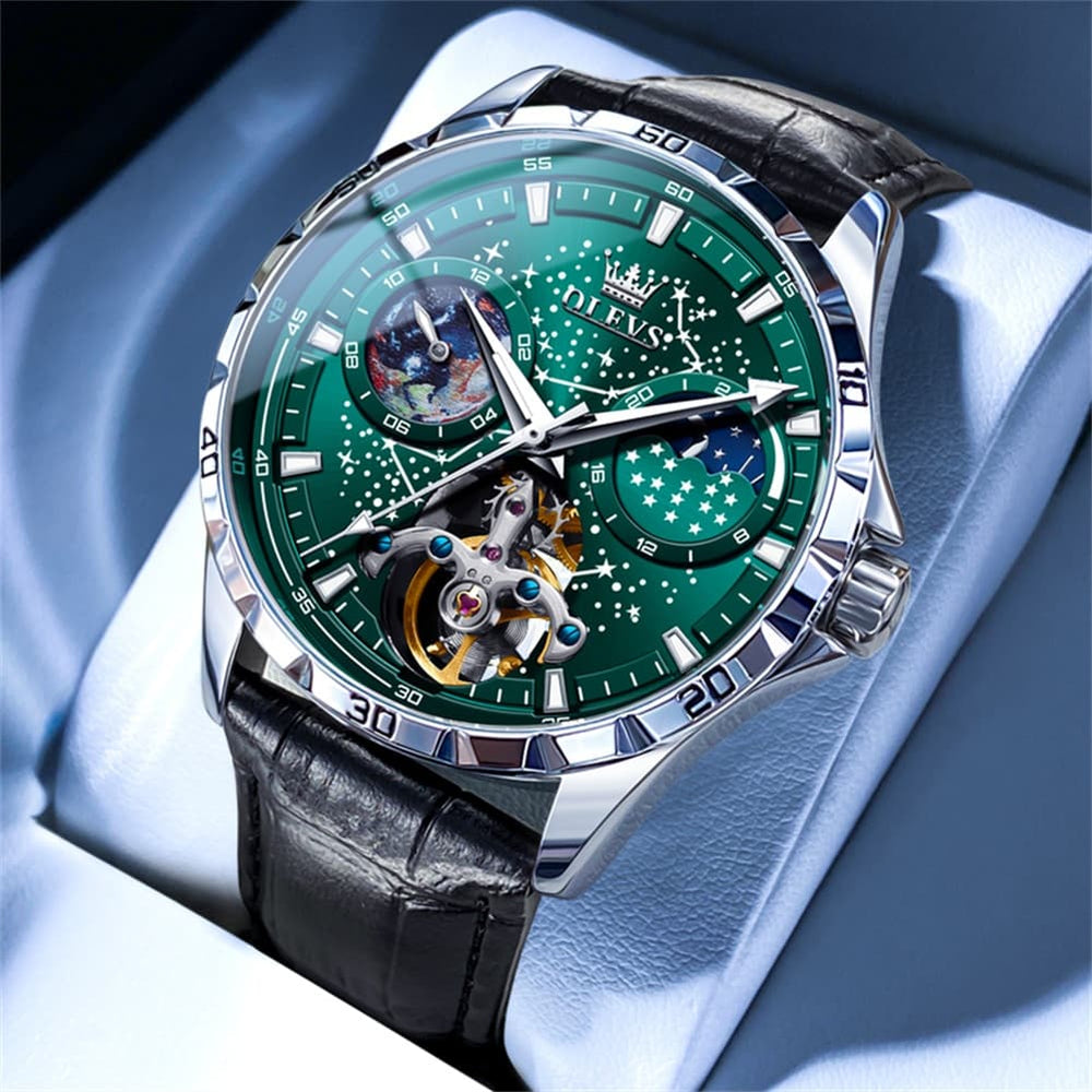 OLEVS 6689 Automatic Skeleton Starry Sky Leather Steel Watch for Men - Green Leather Green Watch | Olevs Watch Store