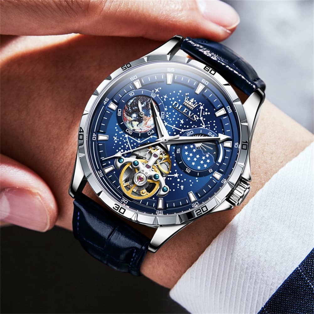 OLEVS 6689 Automatic Skeleton Starry Sky Leather Steel Watch for Men - Green Leather Green Watch | Olevs Watch Store
