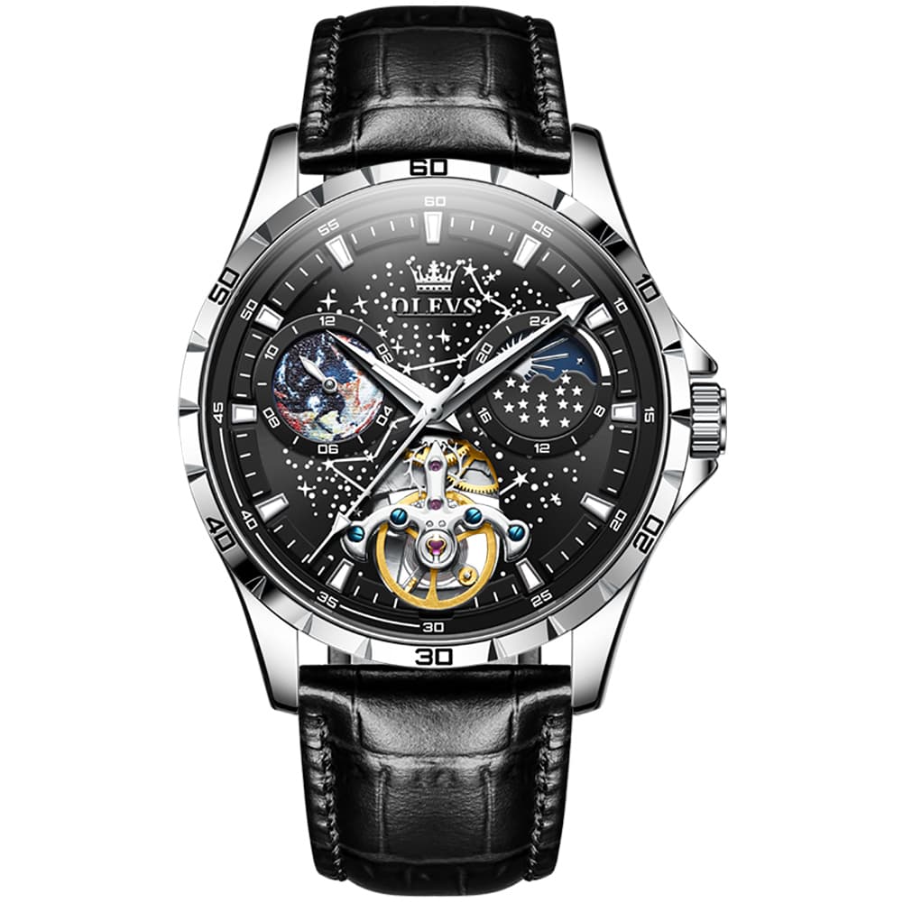 OLEVS 6689 Automatic Skeleton Starry Sky Leather Steel Watch for Men - Green Leather Green Watch | Olevs Watch Store